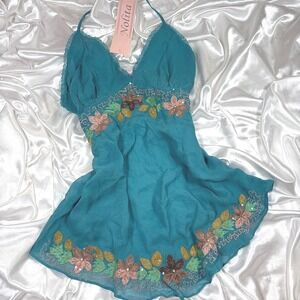 y2k Nolita Halter Top Teal NEW Embroidered Sequin Floral Lace Trim W.2185/EF.28